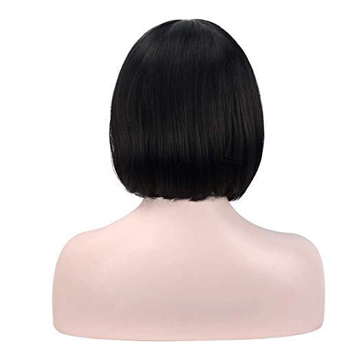 BARSDAR 11" Black Short Straight Bob Wigs with Flat Bangs Hair Christmas Party Costume Thanks Giving Day Daily Use